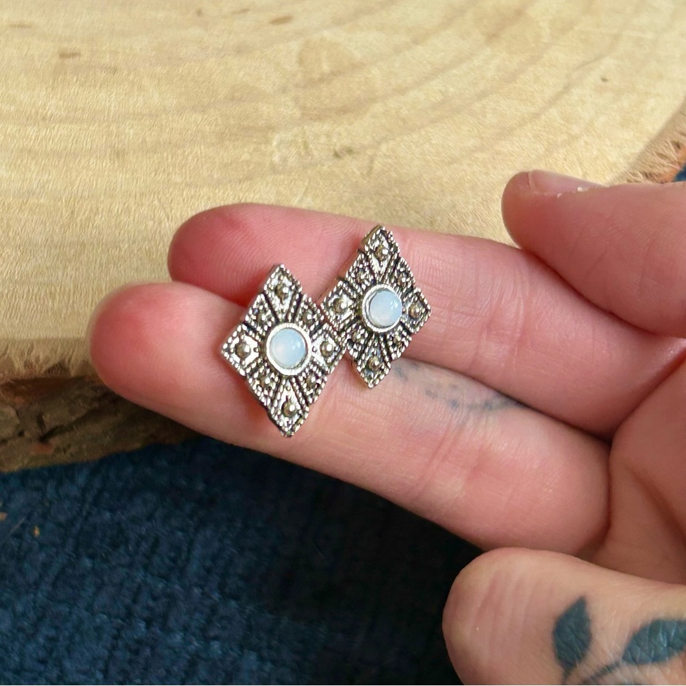 Diamond Shaped Unique Whimsigoth Rustic Stud Earrings CZ Faux Opal - Picture 2 of 4